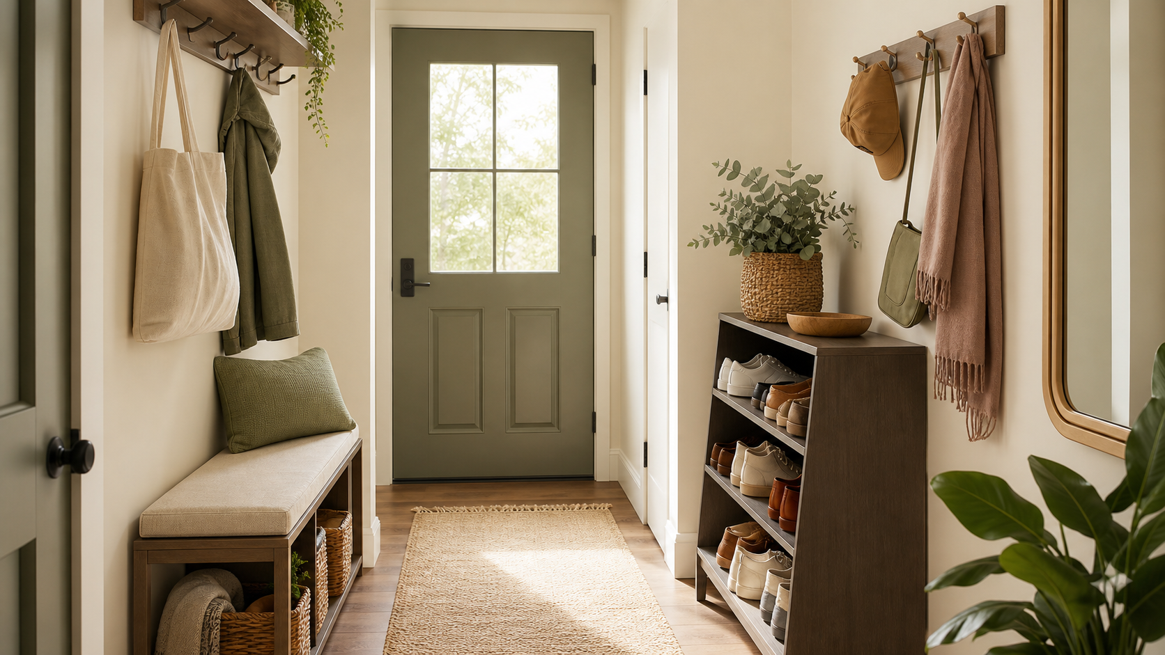 Apartment entryway organization with shoes and bags stored neatly
